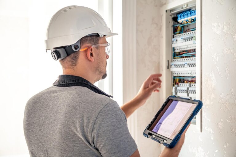 hombre tecnico electrico que trabaja cuadro distribucion fusibles usa tableta 23722
